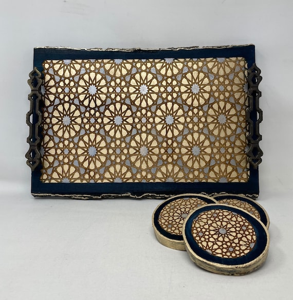 The Arabesque® Decorative Wooden Tray With Medieval Islamic Geometric Engraved Arabesque Pattern, Decor, Ottaman Tray with Coaster Set of 4