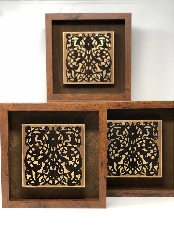 The Arabesque® Brown, Navy Blue, and Gold 10" x 10"  Shadow Box Frame With Engraved and Handpainted  Medieval Mamluk Wooden Arabesque Plaque