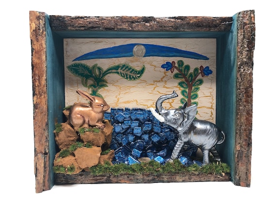 The Arabesque® Kalila wa Dimna Hare and Elephant Story In Decorative Shadow Box. Kids Decor; Nursery Decor; Classroom Decor; Medieval Art