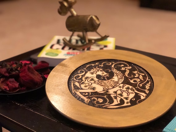 Wooden Decorative Plate (11.5 inches) With Woodburned Medieval Seljuk Pegasus Motif