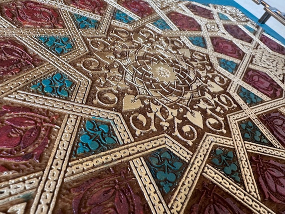 The Arabesque® Decorative Wooden Tray With Medieval Islamic Geometric Engraved Arabesque Pattern, Home Decor Coffee Table Tray, Ottoman Tray