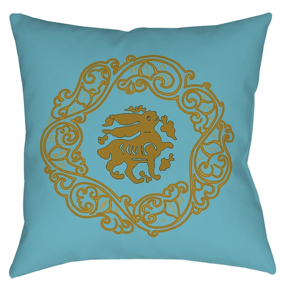 Arabesque Obsession - Medieval Art Design Home Decor Bunny Pillow In Light Blue And Gold