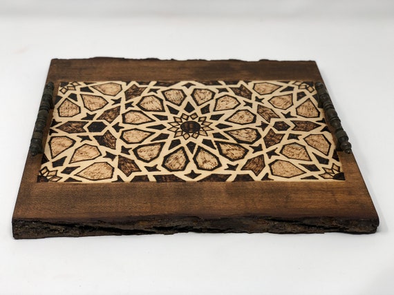 The Arabesque Decorative Wooden Tray With Mamluk Egyptian Medieval Geometric Woodburned Pattern. Home Decor Coffee Table Tray / Ottoman Tray