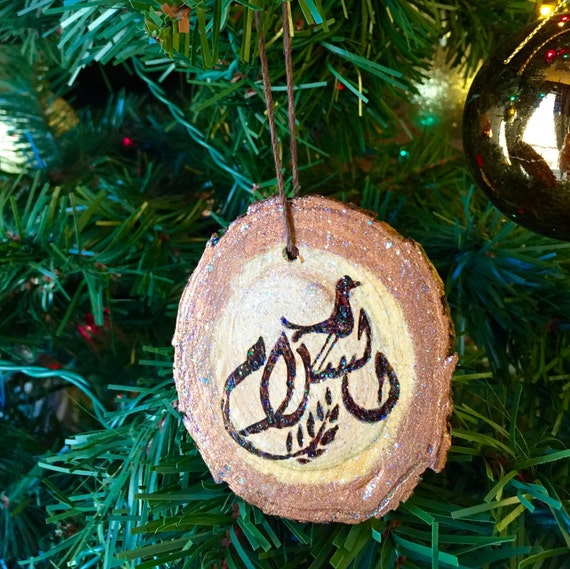 Christmas ornament; Peace symbol; Pendant; wooden pendant; tree slice pendant; Arabic calligraphy; bird; wood burning; handmade ornaments;
