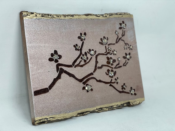 Decorative All Natural Wood Tray With Woodburned Cherry Blossom Motif (Pearl Blue). Home Or Office Coffee Table Decor