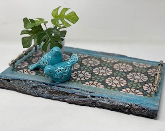 The Arabesque® Decorative Wooden Tray With Medieval Islamic Geometric Engraved Arabesque Pattern, Home Decor Coffee Table Tray, Ottoman Tray