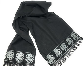 The Arabesque Black Cotton Linen Blend Silver Embroidered Medieval Bunny Scarf
