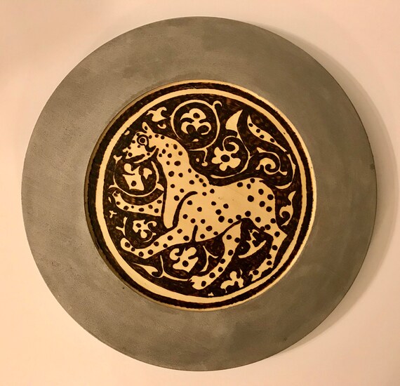 Medieval Islamic Lioness On Antique Silver Wooden Decorative Plate. Seljuk Art Woodburned - Handcrafted Home Decor By The Arabesque