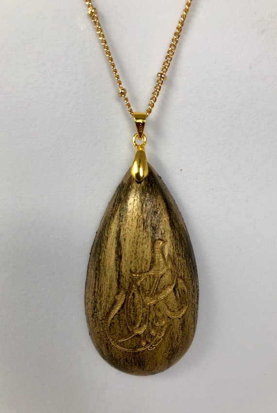 Wooden Peace Pendant In Tear Drop Shape and Engraved in Arabic Calligraphy (al-Salam) With 32" 14k Gold Plated Ball Chain by The Arabesque®