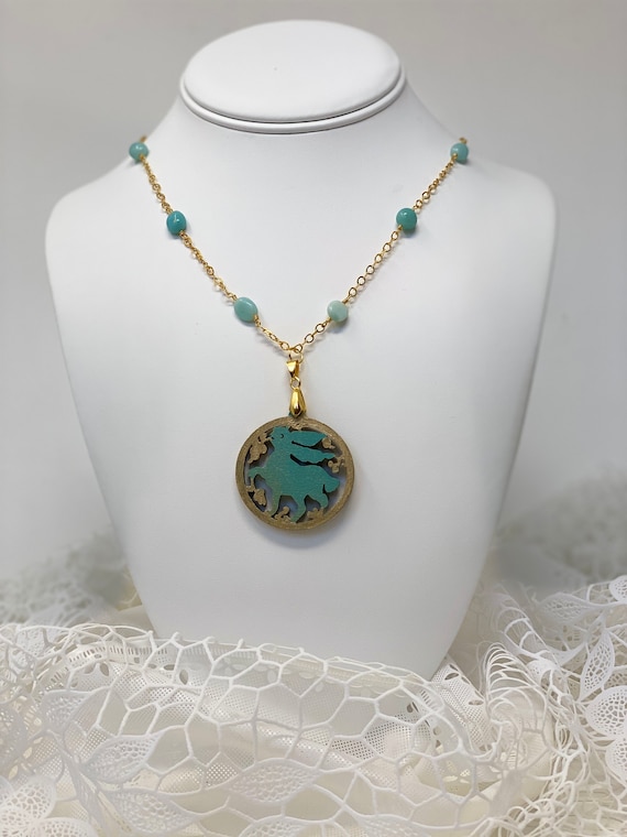 The Arabesque® Wooden Engraved Medieval Fatimid Bunny Arabesque Woodcut Pendant with 30"  Chrysoprase Bead 24k Gold-Plated Chain Necklace