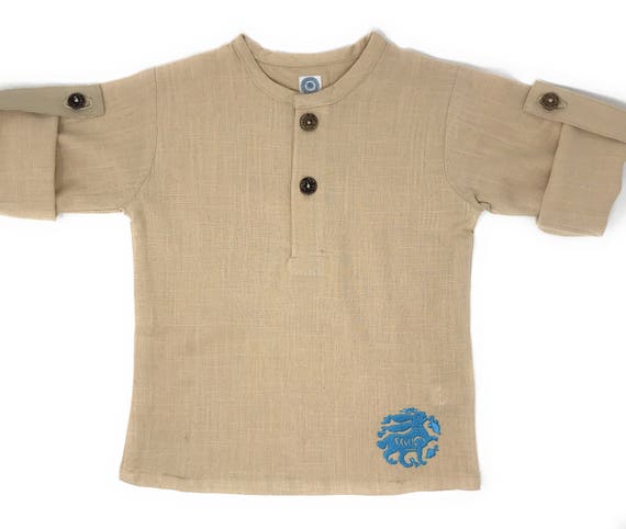 Khaki Linen Children's Unisex Girls and Boys Button-up TunicWith Medieval Style Blue Embroidered Bunny Formal/Casual Perfect For Summer!!