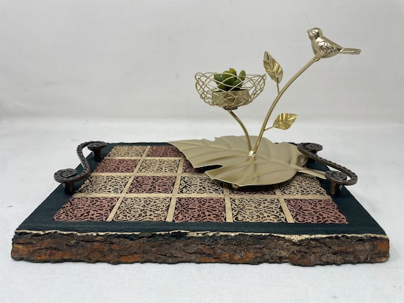 The  Arabesque® "The Metallic Design Ottoman or Coffee Table Tray With Painted Scrolls and Leaf Pattern