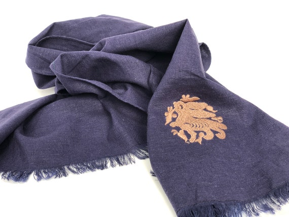 The Arabesque's Fine Linen Bunny Scarf. All-Year Stylish Handmade Scarf With Embroidered Medieval Arabesque Hare