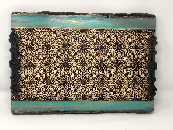 Handmade and Handcrafted Alhambra Geometric Arabesque Woodburned Design Decorative Wooden Coffee Table or Ottoman Tray -