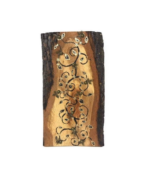 The Arabesque® Natural Walnut Wood Handmade and Handcrafted Wall Hanging With Decorative Woodburned Vine And Scroll Arabesque Pattern