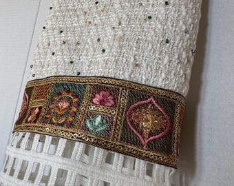 Handmade Beaded Scarf – Arabesque Colorful Trim, Lace Accessory