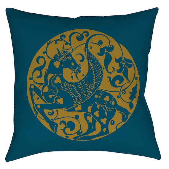 The Arabesque's Pegasus Winged Horse 18 x 18 Inch Pillow In Teal Blue And Gold Print