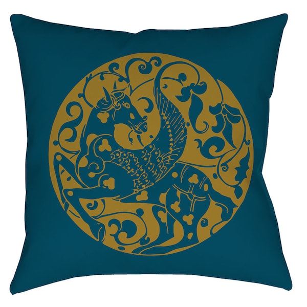 The Arabesque's Pegasus Winged Horse 22 x 22 Inch Pillow In Teal Blue And Gold Print