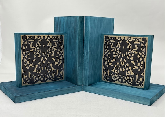 The Arabesque® Mamluk Style Home Decor Wooden Bookends With Woodburned Arabesque Pattern And Medieval Islamic Artwork Design