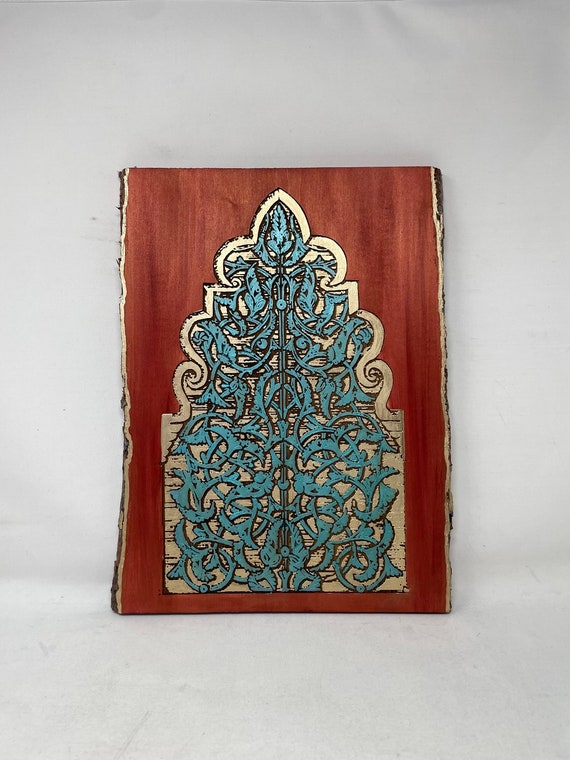 The Arabesque Handmade & Handcrafted Medieval Moroccan and Andalusian Arabesque Wall Hanging Featuring A Woodburned Old World Antique Window