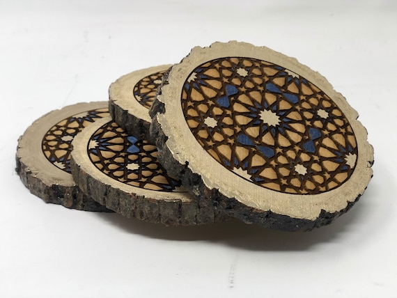 The Arabesque® Natural Wood Coaster Set (of 4) with Laser Engraved Medieval Geometric Pattern (Ask about Wholesale Pricing)