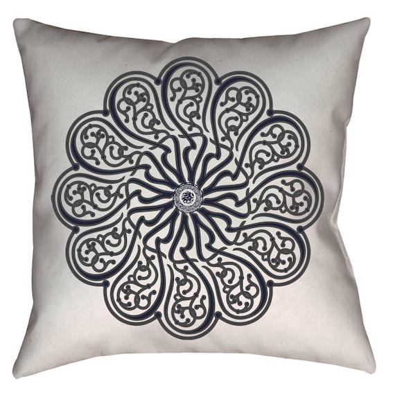 Zen Collection Indigo and Gray Arabesque Calligraphic Design Decorative Throw Pillow