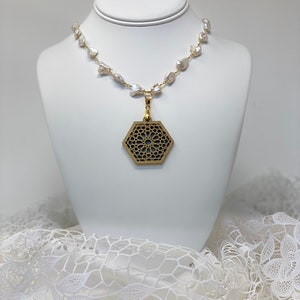 The Arabesque® Medieval Geometric Pattern Wooden Pendant with Natural Pearl and 24k Goldplated 24" Necklace