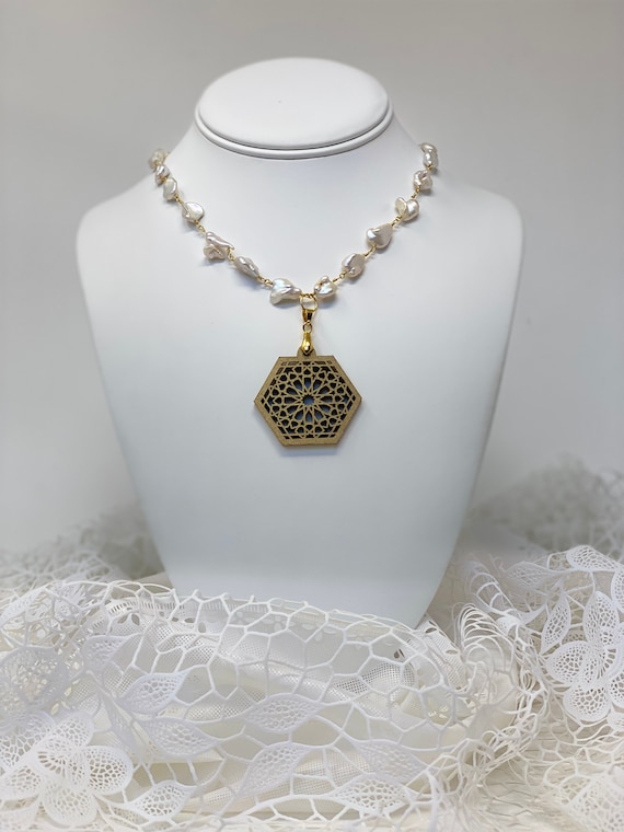 The Arabesque® Medieval Geometric Pattern Wooden Pendant with Natural Pearl and 24k Goldplated 24" Necklace