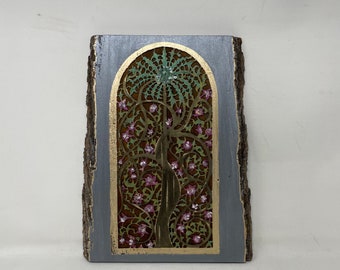 Medieval Indian Tree Woodburned Wall Art, Islamic Motif Shelf Decor