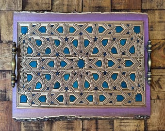 The Arabesque® Decorative Wooden Tray With Medieval Islamic Geometric Engraved Arabesque Pattern, Home Decor Coffee Table Tray, Ottoman Tray