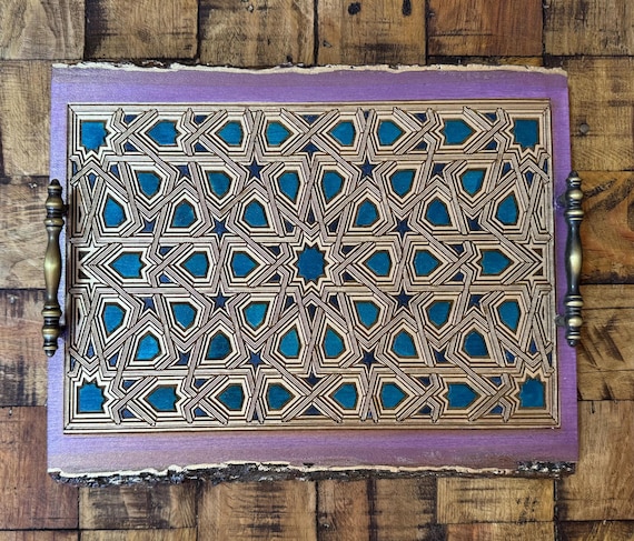 The Arabesque® Decorative Wooden Tray With Medieval Islamic Geometric Engraved Arabesque Pattern, Home Decor Coffee Table Tray, Ottoman Tray