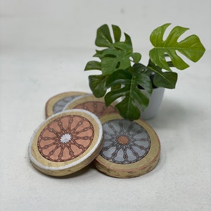 The Arabesque® Natural Wood Coaster Set (of 4) with Laser Engraved Medieval Geometric Pattern (Ask about Wholesale Pricing)