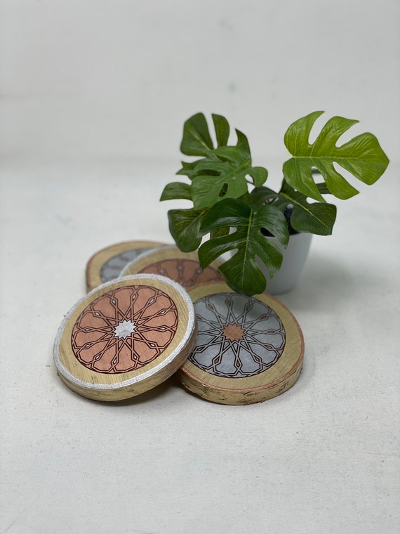 The Arabesque® Natural Wood Coaster Set (of 4) with Laser Engraved Medieval Geometric Pattern (Ask about Wholesale Pricing)