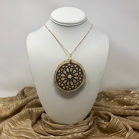 The Arabesque® Medieval Style Etched Geometric Pattern Wooden Pendant on Natural Wood Slice with 14k Goldplated Necklace