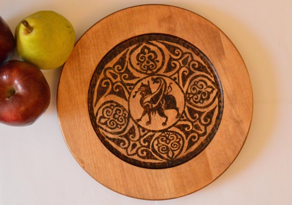 Natural Wood Art On 9.5" Plate: Magic For Sale - Experience Fantasy and Luxury With This Woodburned 11th Century Fatimid Griffin Arabesque