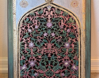 The Arabesque® Wooden Wall Hanging With Historic Mughal Style Jali Design, Laser engraved and Hand-painted.