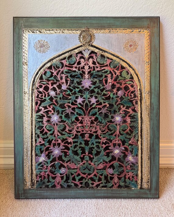The Arabesque® Wooden Wall Hanging With Historic Mughal Style Jali Design, Laser engraved and Hand-painted.