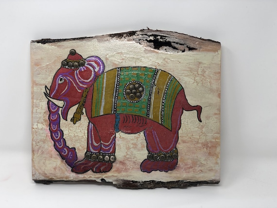 The Arabesque Wooden Wall Hanging With Medieval Elephant Mixed-Media Painting From Ibn Bakhtishu's 13th-century Zoological Encyclopedia