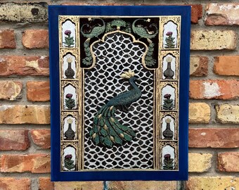 The Arabesque® Wooden Wall Hanging With  Mughal Style Jali Design and Majestic Peacocks, Laser engraved and Hand-painted.