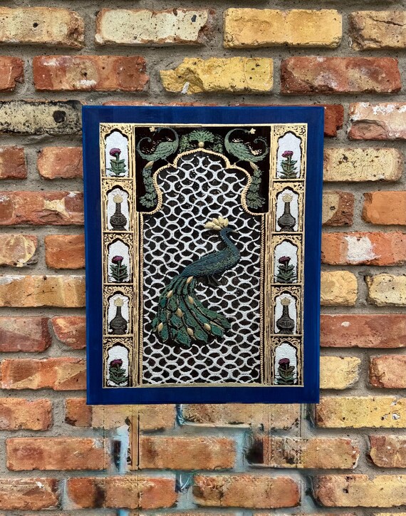 The Arabesque® Wooden Wall Hanging With  Mughal Style Jali Design and Majestic Peacocks, Laser engraved and Hand-painted.