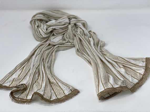 The Arabesque® Handmade Striped Scarf With Beautiful Antique Metallic Gold Trim - Day and Evening Wear Accessory