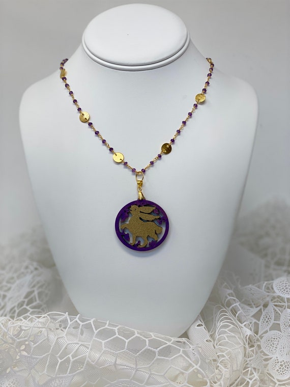 The Arabesque® Wooden Engraved Medieval Fatimid Bunny Arabesque Woodcut Pendant with 30" Amethyst Bead 24k Gold-Plated Chain Necklace