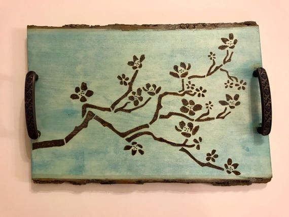 Decorative All Natural Wood Tray With Woodburned Cherry Blossom Motif (Pearl Blue). Home Or Office Coffee Table Decor