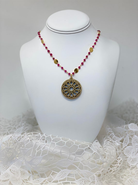 The Arabesque® Medieval Geometric Pattern Wooden Pendant with Ruby Stone 24k Goldplated Necklace