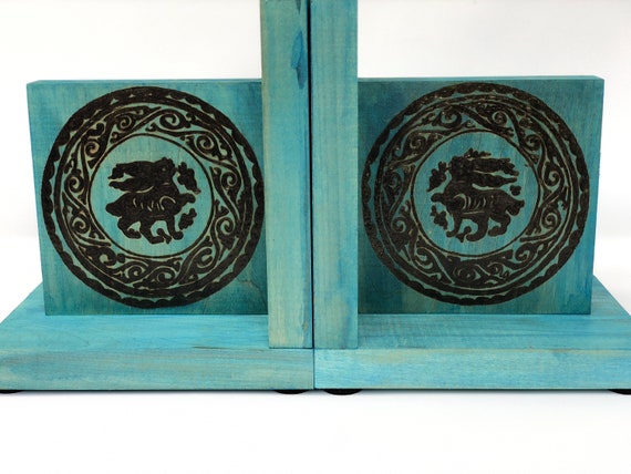 Turquoise Blue Woodburned Medieval Arabesque Bunny Bookends With 11th Century Fatimid Hare Motif - Gift for Teachers, Professors, Scholars