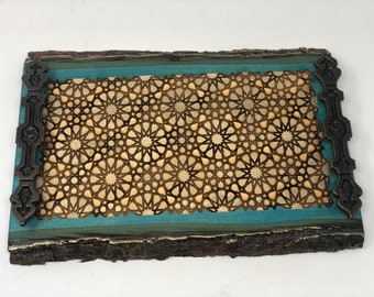 The Arabesque® Decorative Wooden Tray With Medieval Islamic Geometric Engraved Arabesque Pattern, Home Decor Coffee Table Tray, Ottoman Tray