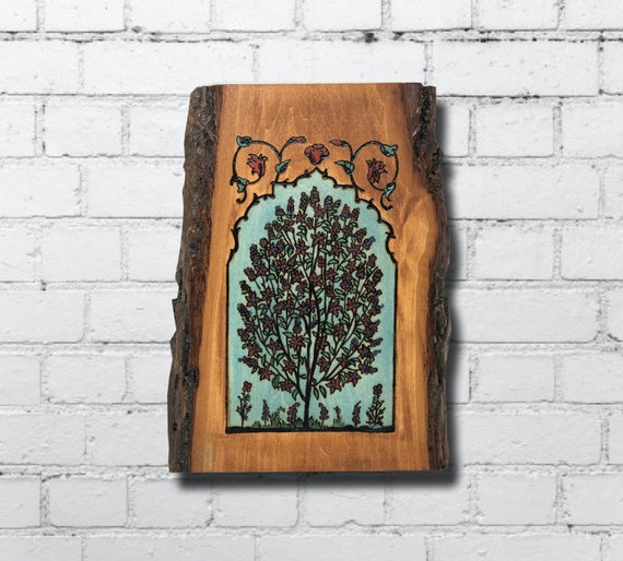 The Arabesque® Wooden Wall Hanging With Historic Mughal Style Tree of Life Design Wood-burned and Hand-painted on Live Edge Plaque