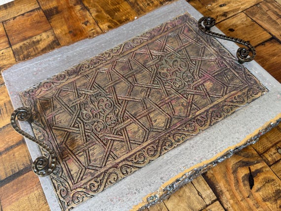 The Arabesque® Decorative Wooden Tray With Medieval Islamic Geometric Engraved Arabesque Pattern, Home Decor Coffee Table Tray, Ottoman Tray