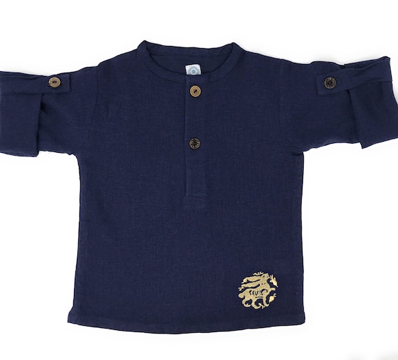 Navy Linen Blend Childrens Unisex Girls and Boys Button-up Tunic With Medieval Style Gold Embroidered Bunny Formal/Casual Perfect For Summer