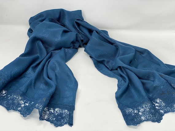 The Arabesque® Midnight Metallic Blue Handmade Scarf With Beautiful Lace Trim - Day and Evening Wear Accessory